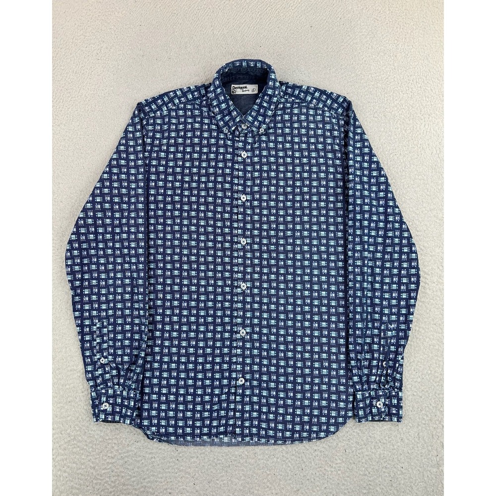 Desigual Shirt Mens Large Blue Robot Print Long Sleeve Woven Button Up Casual